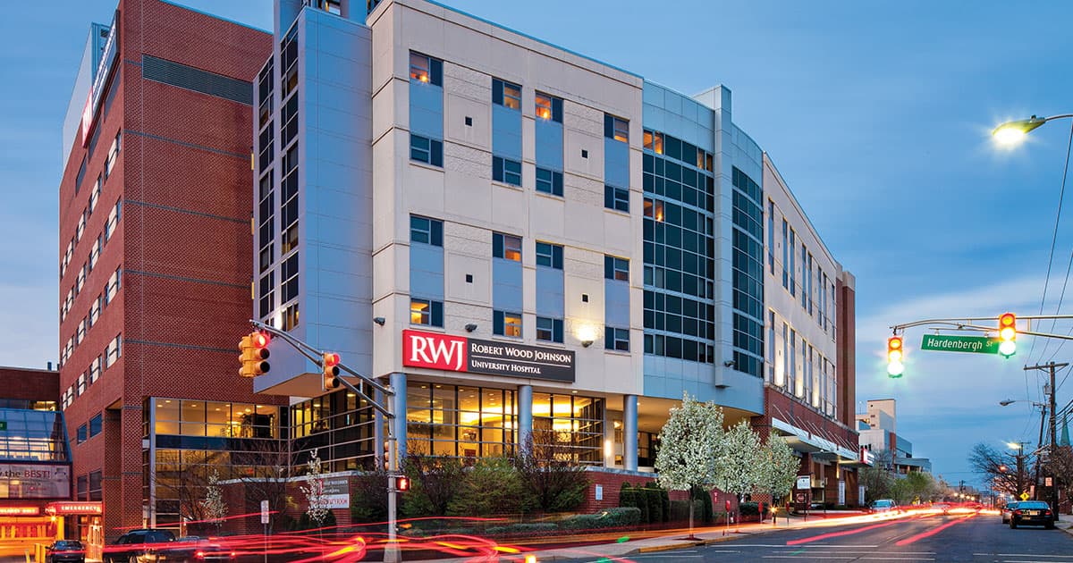 Robert Wood Johnson University Hospital in New Brunswick at dusk