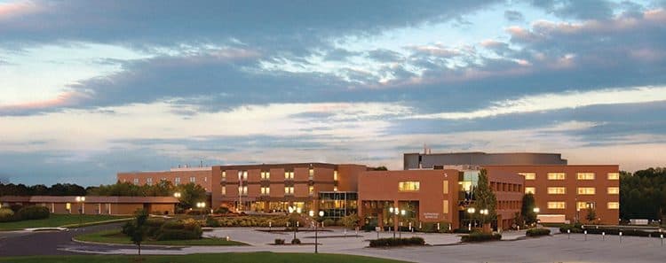 RWJ University Hospital Hamilton at dusk